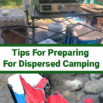 Camping stove set up and chairs around a campfire