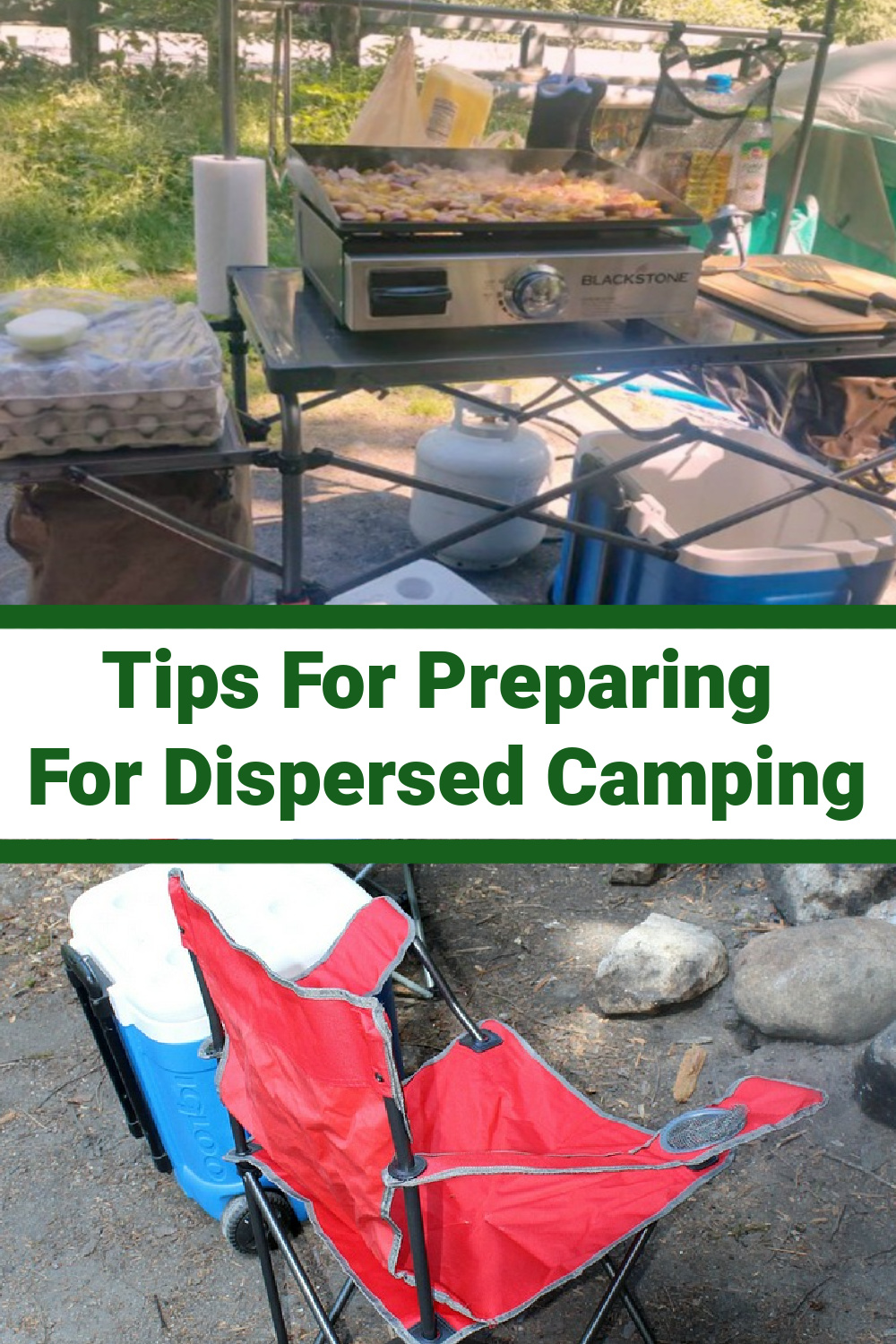 Camping stove set up and chairs around a campfire