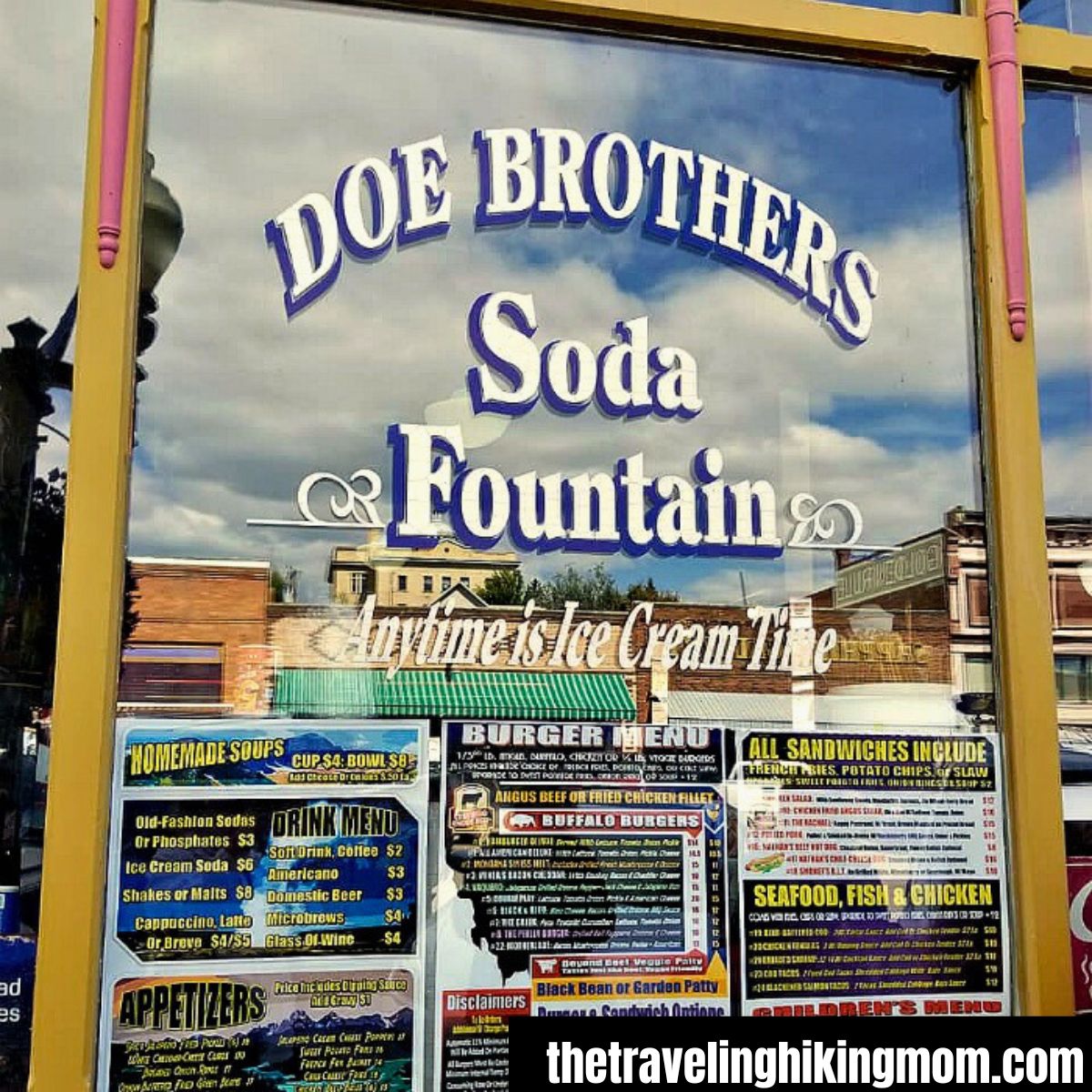 Doe Brothers Soda Fountain window and menus 
