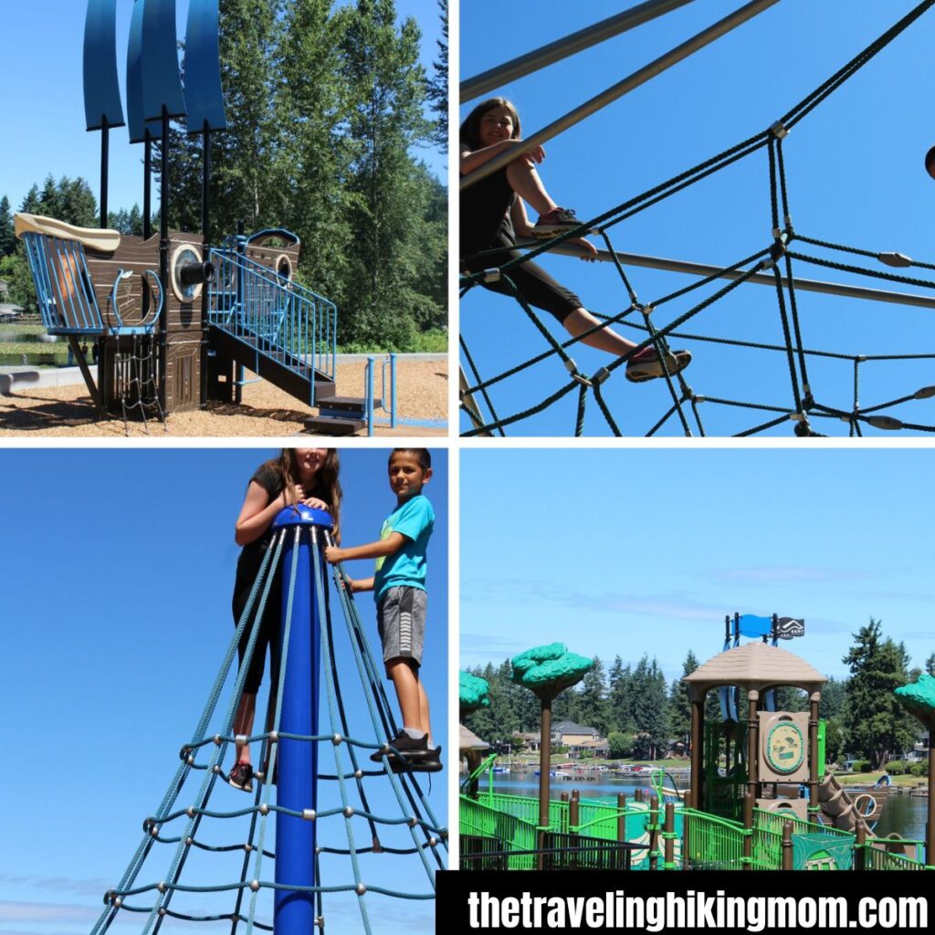 Collage of four parts of Playground Equipment at lake meridian