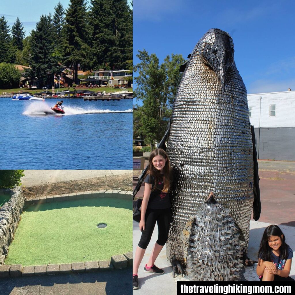 Photo collage of Lake meridian, pengiun from downtown kent wa, and mini golf hole