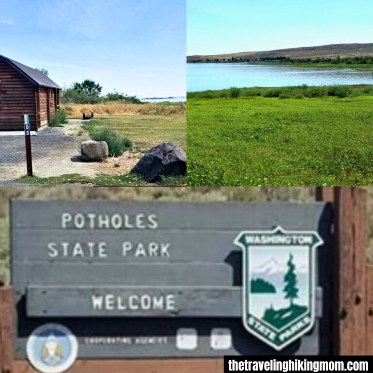 Photo collaeg with cabin, lake, and Potholes Wa Sate Park Sign