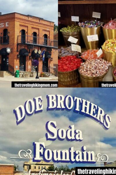 Photo Collage: hostel building, candy at Sweet Palace, and Doe Brothers in Phillipsburg Montana