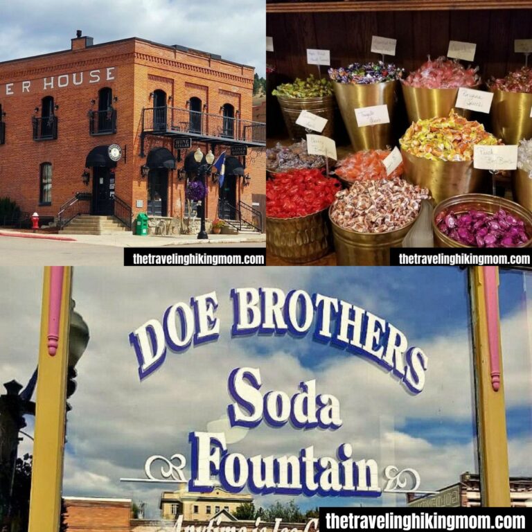 Photo Collage: hostel building, candy at Sweet Palace, and Doe Brothers in Phillipsburg Montana