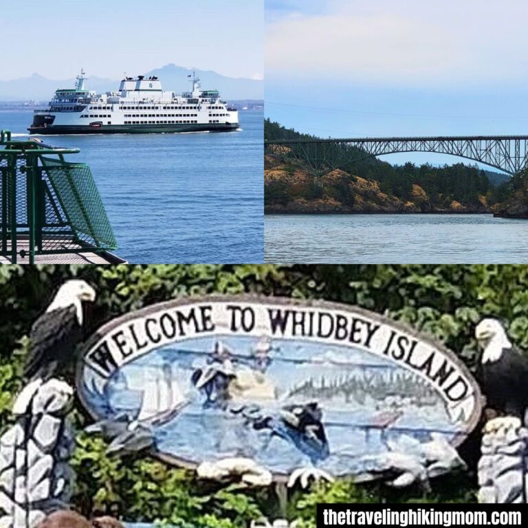 Photo Collage: Ferry boat, Deception Pass Bridge, and Whidbey Island Sign