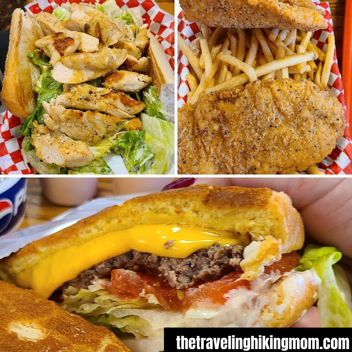 Photo collage of food from miners burgers chicken cesar salad, chicken strips, and a burger