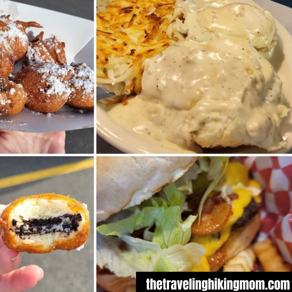 Old Town Station collage, fried oreos, biscuits and gravy, bite out of fried oreo, and burger with fries