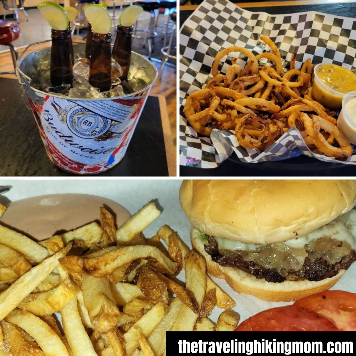 Old town Saloon Burger collage bucket of beer, onion tanglers, and burger with fries