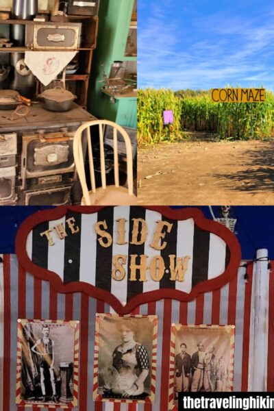 Callage of cabin display at Central Washington Agricultural Museum, corn maze, and mad hatters haunt in Union Gap WA