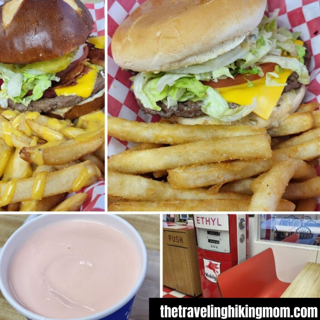 Pepprmint Sticks collage pretzel burger, burger, and inside of restaurant